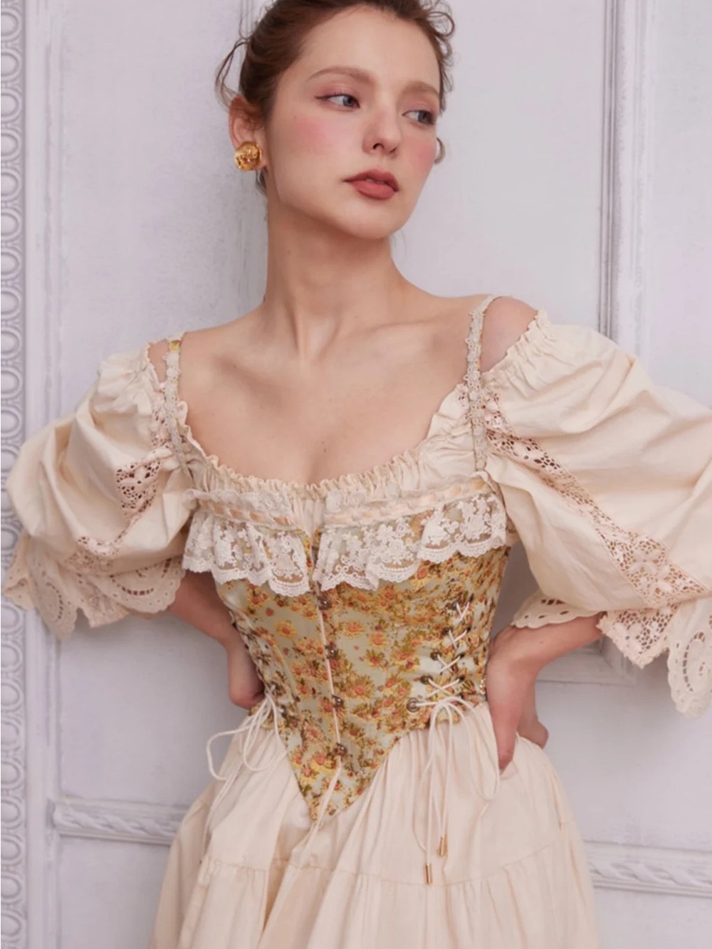 Lacemade Van Gogh Corset Cream Floral Lace-Trim Corset Blouse Size Large